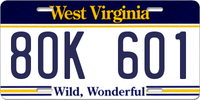 WV license plate 8OK601