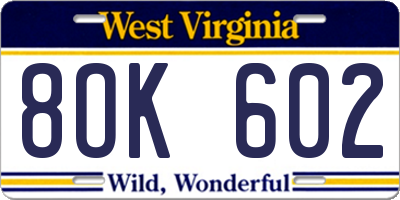 WV license plate 8OK602