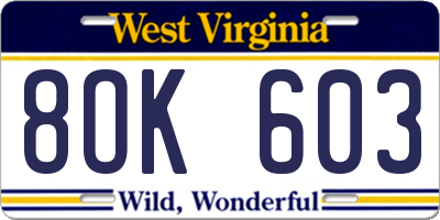WV license plate 8OK603