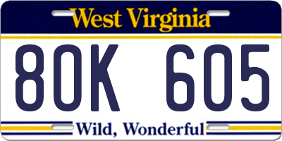 WV license plate 8OK605