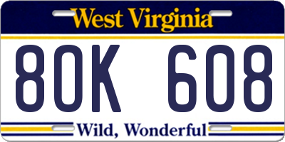WV license plate 8OK608