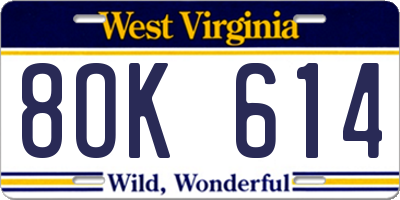 WV license plate 8OK614