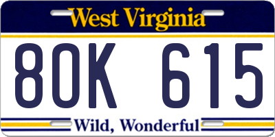 WV license plate 8OK615