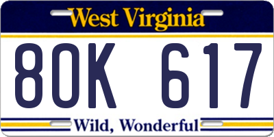 WV license plate 8OK617