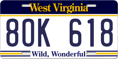 WV license plate 8OK618