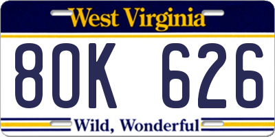 WV license plate 8OK626