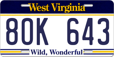 WV license plate 8OK643