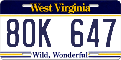 WV license plate 8OK647