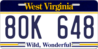 WV license plate 8OK648
