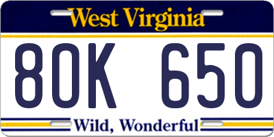 WV license plate 8OK650