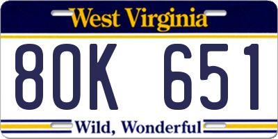 WV license plate 8OK651