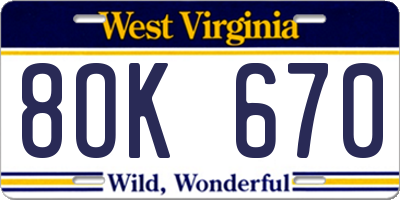 WV license plate 8OK670