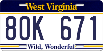 WV license plate 8OK671