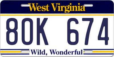 WV license plate 8OK674