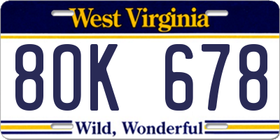 WV license plate 8OK678