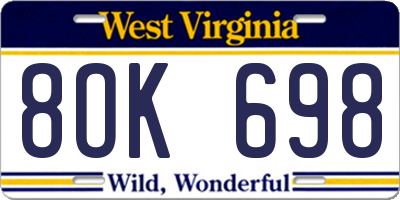 WV license plate 8OK698