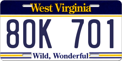 WV license plate 8OK701