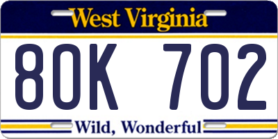WV license plate 8OK702