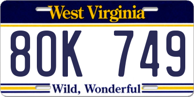 WV license plate 8OK749