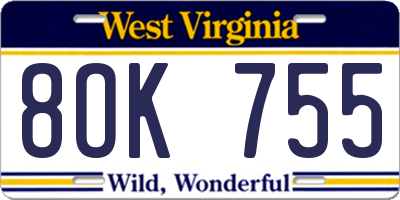 WV license plate 8OK755