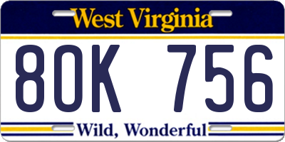 WV license plate 8OK756
