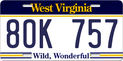 WV license plate 8OK757