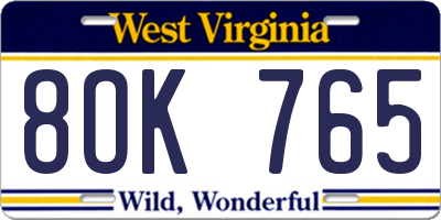 WV license plate 8OK765