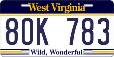 WV license plate 8OK783