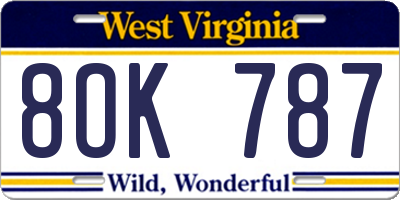 WV license plate 8OK787