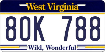 WV license plate 8OK788