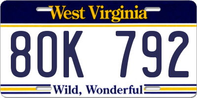 WV license plate 8OK792