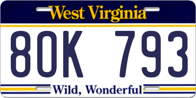 WV license plate 8OK793