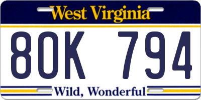 WV license plate 8OK794