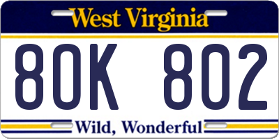 WV license plate 8OK802