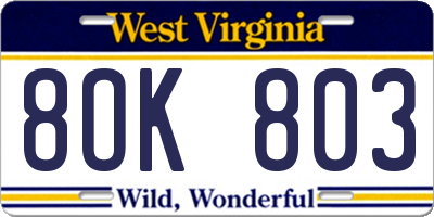 WV license plate 8OK803