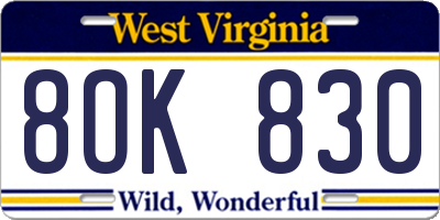 WV license plate 8OK830