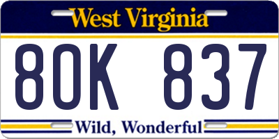 WV license plate 8OK837