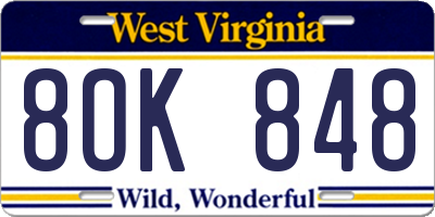 WV license plate 8OK848