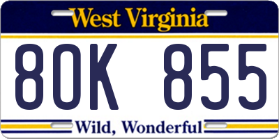 WV license plate 8OK855