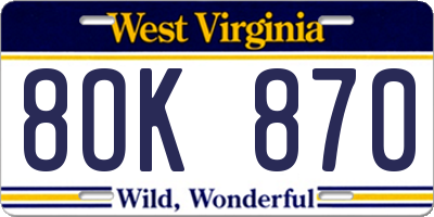 WV license plate 8OK870
