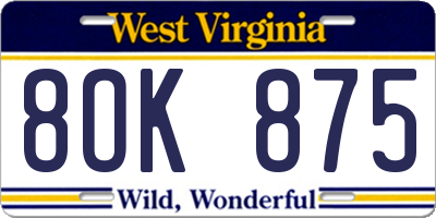 WV license plate 8OK875