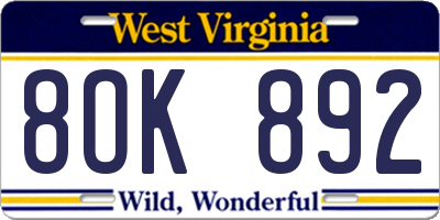 WV license plate 8OK892