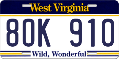 WV license plate 8OK910