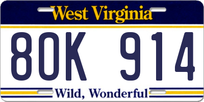 WV license plate 8OK914
