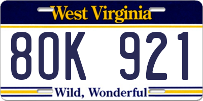 WV license plate 8OK921