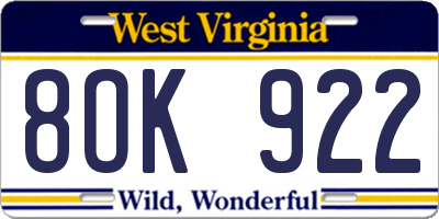 WV license plate 8OK922
