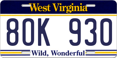 WV license plate 8OK930