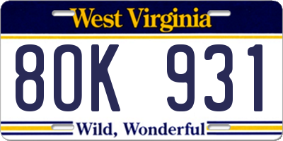 WV license plate 8OK931