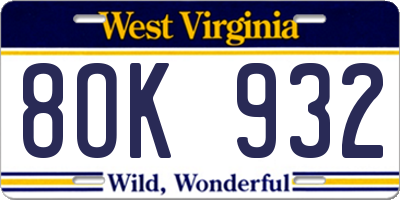 WV license plate 8OK932