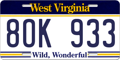 WV license plate 8OK933